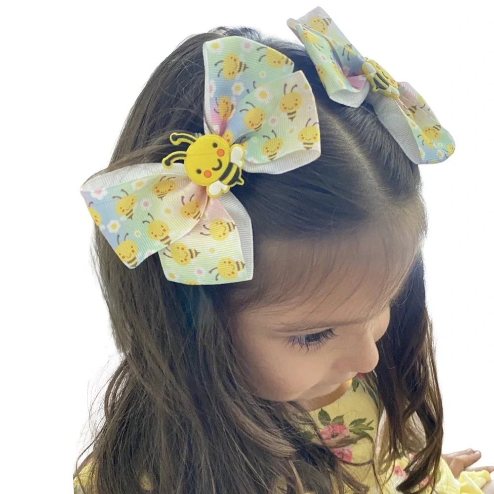 KLASS Girls 2 PCS Lot Pair Happy Bumble Bee Floral Flowers Hair Bows Clips NEW